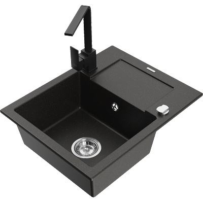 Mexen Enzo гранитна мивка с 1 корито с отцедник и кухненски смесител Rita, черен/златен металик - 6506-75-670300-70 (6506-75-670300-70)