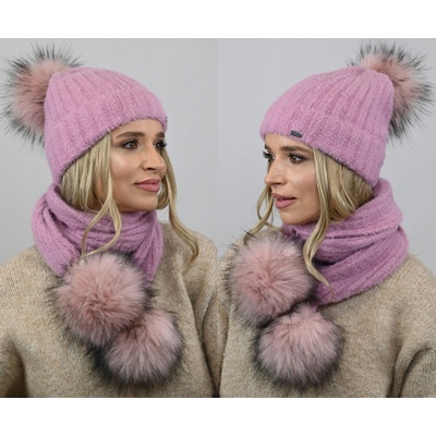 Fashionweek exkluzivní alpakový zimní set čepice a šála s bambulkami Jenot ZiziAL-4 Růžovy