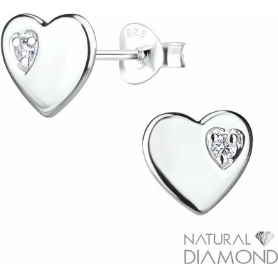 Nefertitis 20053 Stříbrné náušnice pecky Srdce s přírodním diamantem NF64649 8 mm, 1,08 g