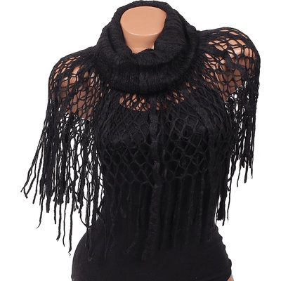 Плетен шал-яка в черно с ресни