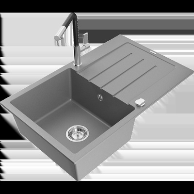 Bruno мивка от гранит 1-камерна с отцедник и кухненски смесител Flora, сива - 6513-71-670401-07 (6513-71-670401-07)