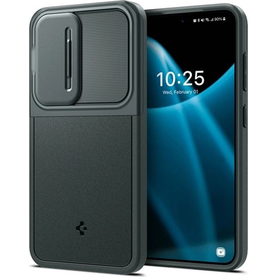 Spigen Optik Armor Case - тънък качествен силиконов (TPU) калъф с капак за камерата за Samsung Galaxy S24 (зелен)