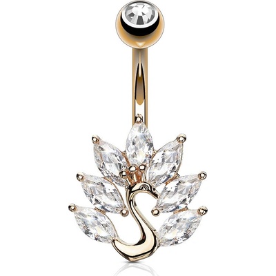 Šperky eshop Rhodiovaný ocelový piercing do pupíku páv s čirým zirkonovým peřím W27.16 Zlatá