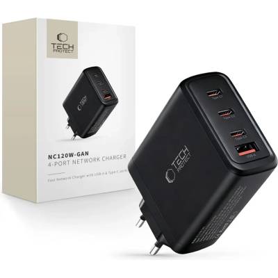 Tech-Protect nc120w-gan 4-портово мрежово зарядно pd 120w / qc3.0 черно (5906302335930)