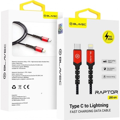 Blavec CRA-CL24BR20 Type C to Lightning - PD 20W 2,4A, 2m, černo-červený