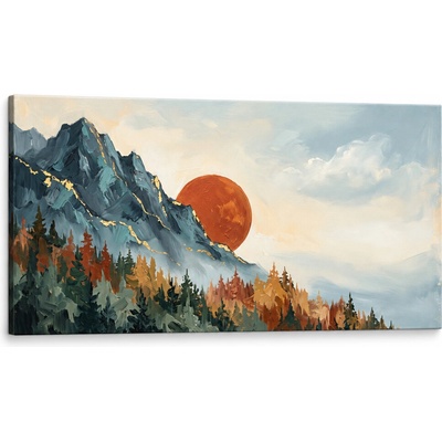 Papilora Obraz horskej krajiny so západom slnka na plátne – s ručne maľovanými detailmi - 80x40 cm