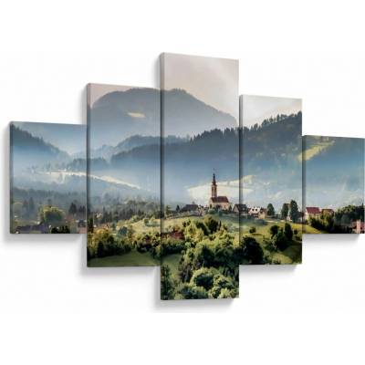 Obraz - vesnička v mlze, pětidílný 125x70 cm