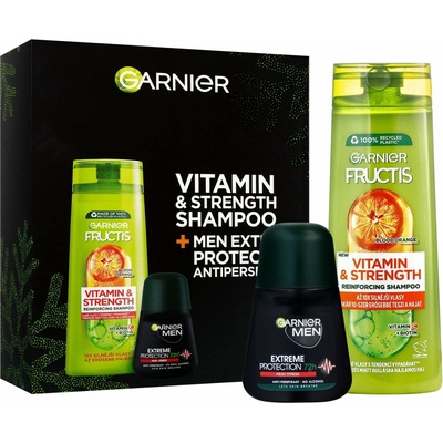 Garnier Merry Christmas Garnier Fructis Vitamin & strength posilňujúci šampón pre poškodené vlasy 400 ml + Garnier Men Mineral Extreme antiperspirant roll on 72h 50 ml