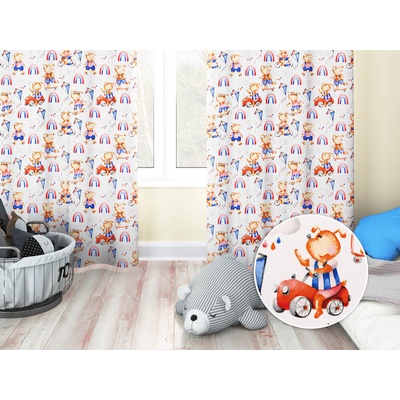 Biante Detský bavlnený záves Sandra SA-521 Modro-červení psíkovia s autami na bielom 150x220 cm