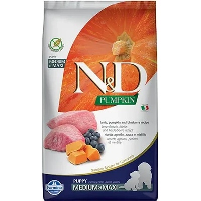 N&D Pumpkin Medium/Maxi Puppy Lamb & Blueberry - храна за подрастващи кученца и бременни или кърмещи кучета от средни и едри породи с агнешко, тиква и боровинки; без зърно 2.500 кг