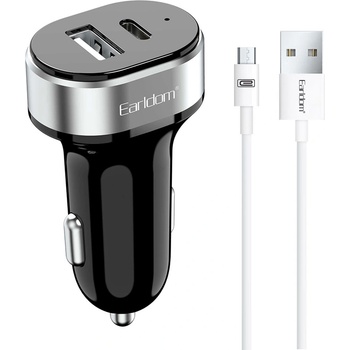 Earldom Зарядно устройство за кола Earldom ES-CC14, 1xUSB, 1xType-C, С Micro USB кабел, Черен - 40241 (40241)