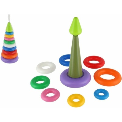 Teddies skládanka pyramida s kroužky plast 2 barvy v síťce 15x31 cm