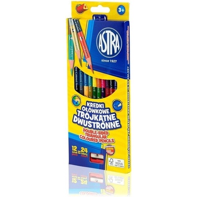 Astra Цветни моливи триъгълни двустранни + острилка 12 бр. 24 цвята (as312113001)