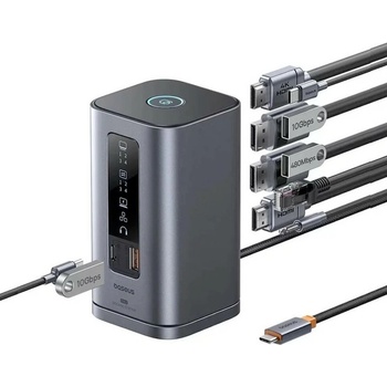 Baseus Докинг станция Baseus Spacemate Docking Station 11-in-1, от 1x USB-C към 1x USB-C (PD), 1x USB-C, 3x USB-A, 2x DisplayPort, 2x HDMI, 1x AUX, 1x RJ45, сива (B00568101813-00)