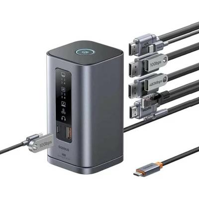 Baseus Докинг станция Baseus Spacemate Docking Station 11-in-1, от 1x USB-C към 1x USB-C (PD), 1x USB-C, 3x USB-A, 2x DisplayPort, 2x HDMI, 1x AUX, 1x RJ45, сива (B00568101813-00)