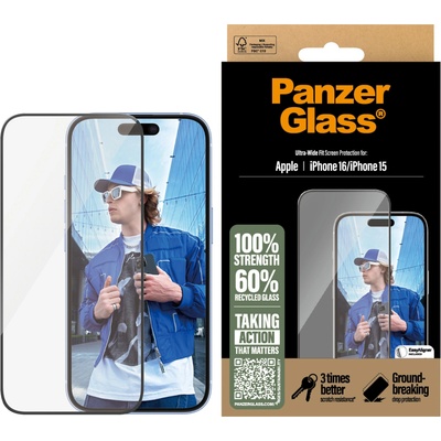 Panzer Стъклен протектор PanzerGlass за iPhone 16, 15, Ultra-Wide Fit