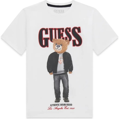 GUESS Бяла тениска за момче с черен надпис Guess с цветно мече