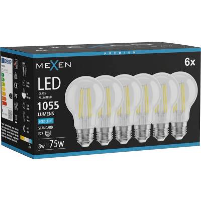 Mexen Vintis 6x LED Филамент крушка E27, A60, 8W, Студена - 6500K, 1055 lm, прозрачна (L150-E27-0865-00x06)