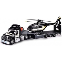 Majorette Ťahač s prívesom a policajná helikoptéra Mack Truck Police Helicopter so zvukom a svetlom s gumenými kolieskami dĺžka 35 cm