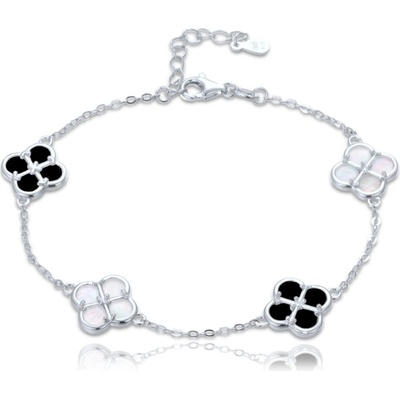 MINET Stříbrný náramek čtyřlístky s bílou a černou perletí JMAS7058CB20