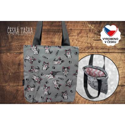 Česká Taška Taškokabelka HAPPY CATS L česká ručně šitá taška se zigzag podšívkou a zipem 38×38 cm