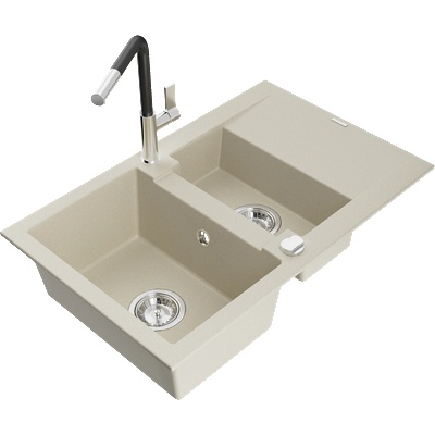 Mexen Gaspar гранитна мивка с 1, 5 камери с отцедник и кухненски смесител Flora, бежов - 6507-69-670401-07 (6507-69-670401-07)