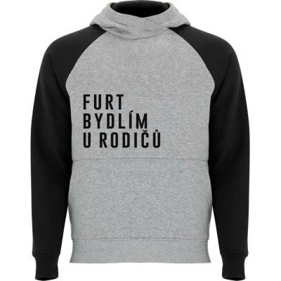 Dětská dvoubarevná mikina s kapucí Furt bydlím u rodičů černý šedá