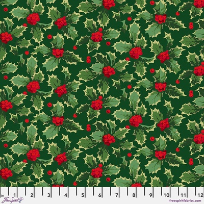 Bavlněná látka vánoční zelená | Martha Negley – Winterberry – Cesmínové bobule