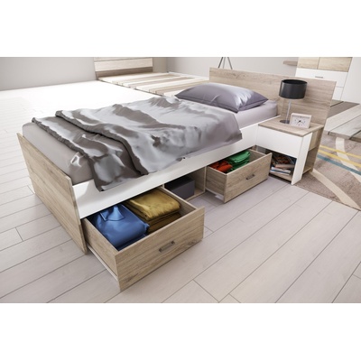 ИРИМ Eдинично легло с чекмеджета и нощно шкафче Сити 2048 дъб сонома арвен / бяло