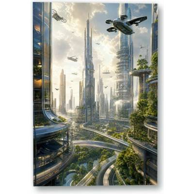 Plakát – Futuristické město s létající dopravou 90 × 135 cm Bez rámu Ne Bez rámu