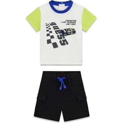 Guess Комплект тениска с цветни ръкави и къси тъмно сини панталони за бебе момче Guess