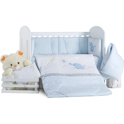 Бебешки спален комплект Бродерия Слон балон син на бели точки