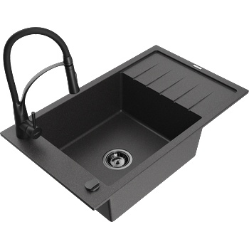 Mexen Elias гранитна мивка с 1 отделение, отцедник и кухненски смесител Aster, черно на пръски - 6511-76-73450-70-B (6511-76-73450-70-B)
