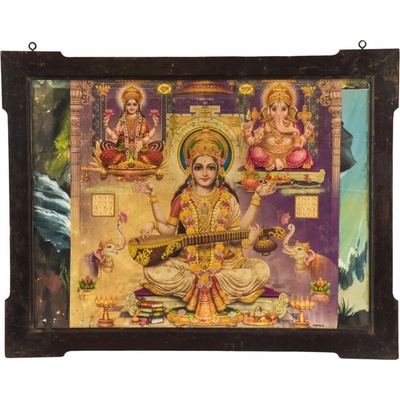 Sanu Babu Lakšmí, Saraswatí, Ganéš, starý obraz v teakovém rámu, 70x55cm