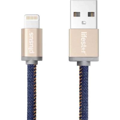 PlusUs LifeStar Handcrafted Lightning Cable - ръчно изработен сертифициран Lightning кабел за iPhone, iPad и iPod (25см. ) (син-златист)
