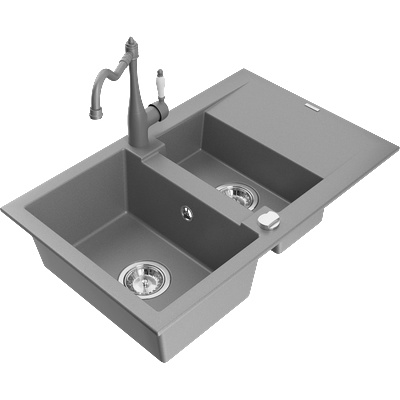 Mexen Gaspar гранитна мивка с 1, 5 отделения с отцедник и кухненски смесител Carla, сив - 6507-71-670700-71 (6507-71-670700-71)