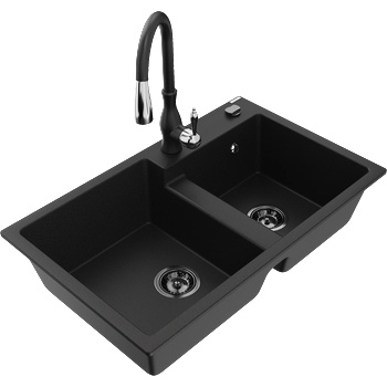 Mexen Tomas гранитна мивка с 2 камери и кухненски смесител Savita, черен - 6516-77-672601-70-B (6516-77-672601-70-B)
