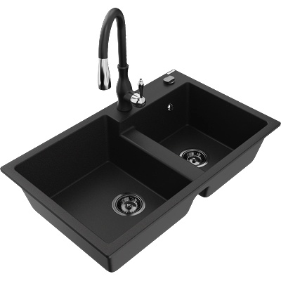 Mexen Tomas гранитна мивка с 2 камери и кухненски смесител Savita, черен - 6516-77-672601-70-B (6516-77-672601-70-B)