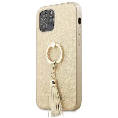 GUESS Saffiano Hard Case With Ring Stand - дизайнерски кожен кейс с пръстен против изпускане за iPhone 12, iPhone 12 Pro (златист)