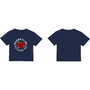 GUESS Тениска в тъмно синьо за момиче с червено текстилно сърце и надписи Guess