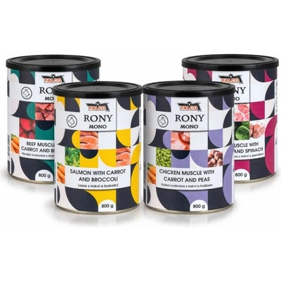 Rony Mono Mix 4 druhů konzerv Hovězí Kuřecí Vepř a Losos 4 x 800 g
