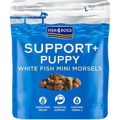 FISH4DOGS Maškrty pre šteniatka na podporu trávenia s kúskami bielej ryby a prebiotikami 150 g
