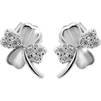 JSB bijoux s.r.o. Stříbrné náušnice puzety čtyřlístek s Kubickými zirkony Crystal (Stříbro 925/1000)