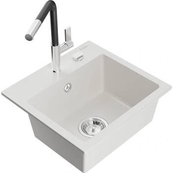 Mexen Milo гранитна мивка с 1 камера и кухненски смесител Flora, бял (6505-20-670401-07)