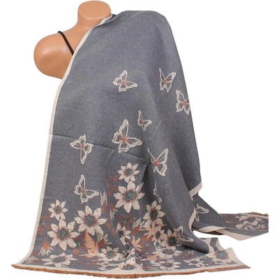 Кашмирен шал в сиво с цветя и пеперуди