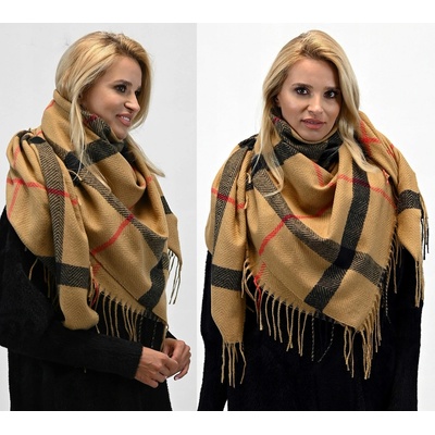 Fashionweek kockovaný kašmírový šál so strapcami ZIZI-405 Camel