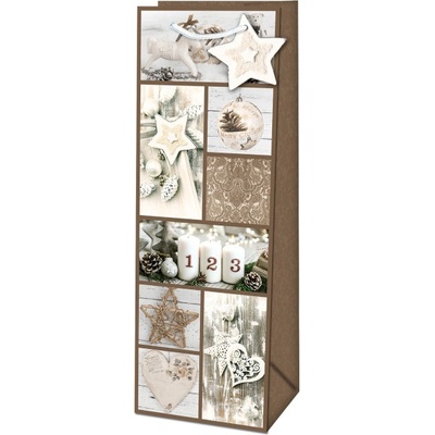Taška dárková na láhev Vánoční koláž Natur 36 x 12,6 x 8,9 cm