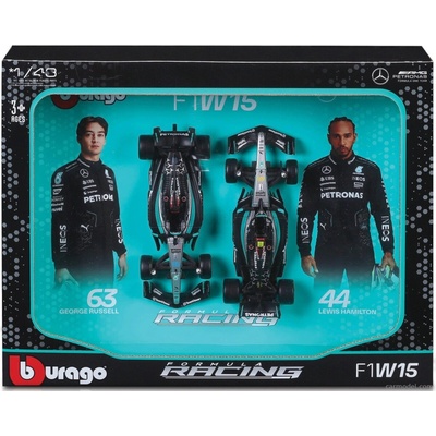 Bburago Mercedes gp Set F1 2x W15 Team Mercedes amg Petronas Formula One N 44 Season 2024 Lewis Hamilton + N 63 George Russell Černá Stříbrná Zelená 1:43
