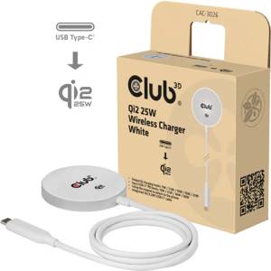 Club 3D Клубно 3D безжично зарядно устройство - CAC-3026 (Qi2 25W безжично, 1 м, бяло) (CAC-3026)