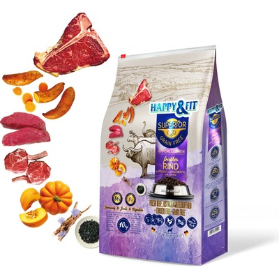 Happy&Fit Superior GF Hypoallergen Rind, Strauss, Wasserbüffel,Kürbis 10 kg